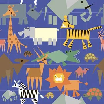 Seamless pattern with African animals on a blue checkered background Stockillustratie