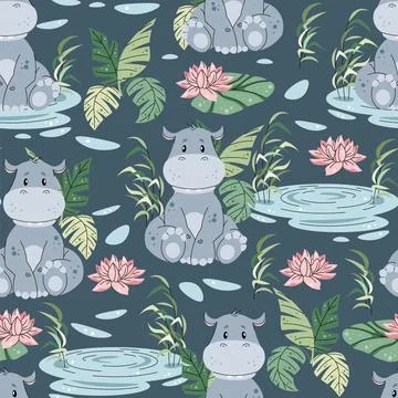 Seamless pattern with African animals. Cute children's texture with hippopo.. Stock Illustration