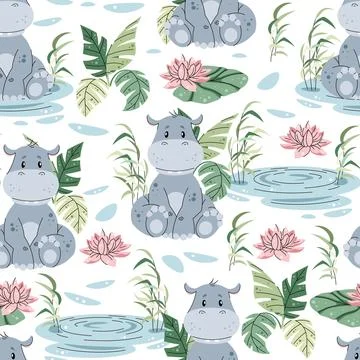 Seamless pattern with African animals. Cute children's texture with hippopo.. Stock Illustration