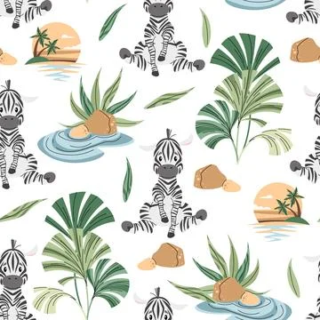 Seamless pattern with African animals. Cute children's texture with zebra, .. Illustrazione stock