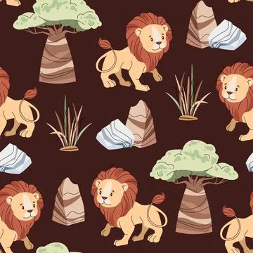 Seamless pattern with African animals. Cute childish texture with lion, bao.. Stock Illustration