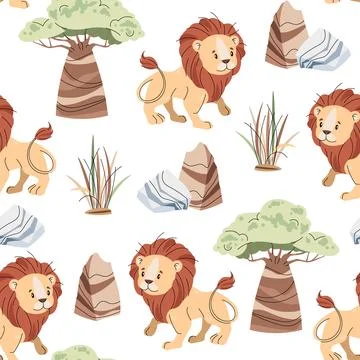 Seamless pattern with African animals. Cute childish texture with lion, bao.. Stock Illustration