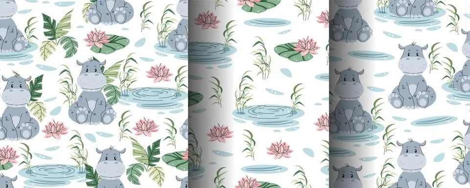 Seamless pattern with African animals. Cute children's texture with hippopo.. Stock Illustration