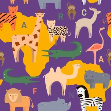Seamless pattern with African animals in flat geometric style. Vector Illus.. Illustrazione stock