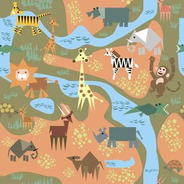 Seamless pattern with African animals, which are made up of simple geometric Stock Illustration