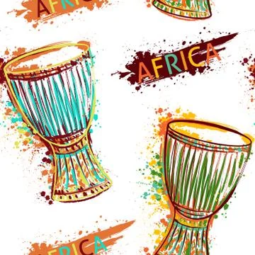Seamless pattern with african drum tam tam and splashes Stock Illustration