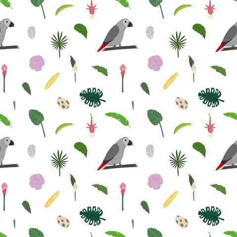 Seamless pattern with african grey parrot Jaco, tropical leaves, flowers and egg Stock Illustration