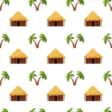 Seamless pattern with African huts and palms flat style, vector illustration Illustrazione stock