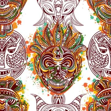 Seamless pattern with african tribal mask with ethnic geometric ornament Stock Illustration