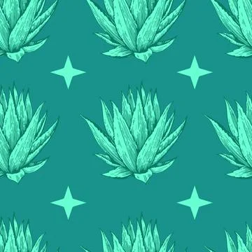 Seamless pattern with agave plant. Hand drawn illustration in engraving sty.. Stock Illustration