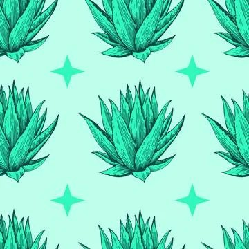 Seamless pattern with agave plant. Hand drawn illustration in engraving sty.. Stock Illustration