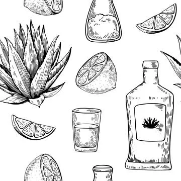 Seamless pattern with agave plant, lemon and tequila. Hand drawn illustrati.. Stock Illustration