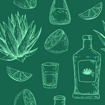 Seamless pattern with agave plant, lemon and tequila. Hand drawn illustrati.. Stock Illustration