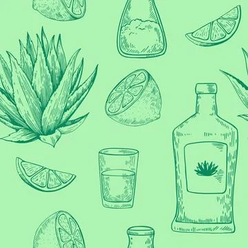 Seamless pattern with agave plant, lemon and tequila. Hand drawn illustrati.. Stock Illustration