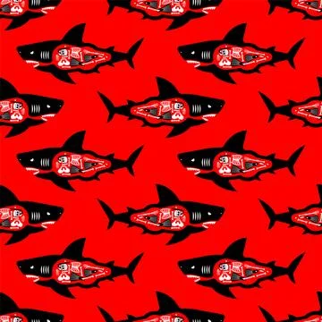 Seamless pattern with aggressive sharks on red background. Symbol of danger.. Stock Illustration