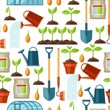 Seamless pattern with agriculture objects. Instruments for cultivation, plants Stock Illustration