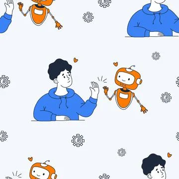 Seamless Pattern AI Human High Five On Light Background with Gears. Friendl.. Stock Illustration