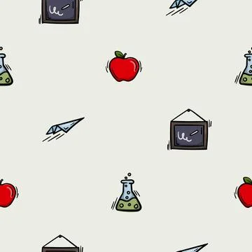 Seamless pattern with airplane, chalkboard, flask Illustrazione stock