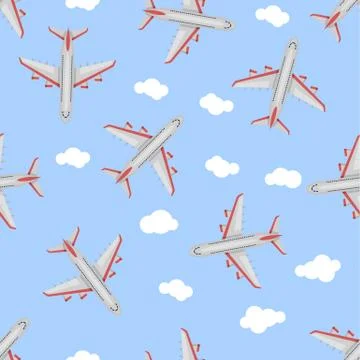 Seamless pattern Airplane in the sky. Flat style. Stock Illustration