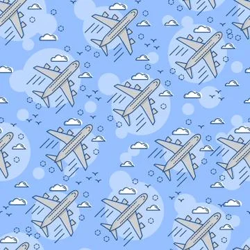 Seamless pattern Airplane in the sky. Flat and line art style. Stock Illustration