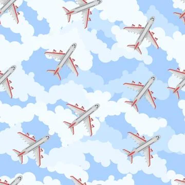 Seamless pattern Airplane in the sky. Flat style. Stock Illustration