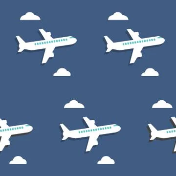 Seamless pattern. Airplanes and clouds over blue background. イラスト素材