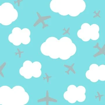 Seamless pattern with airplanes and clouds on blue background Stockillustratie