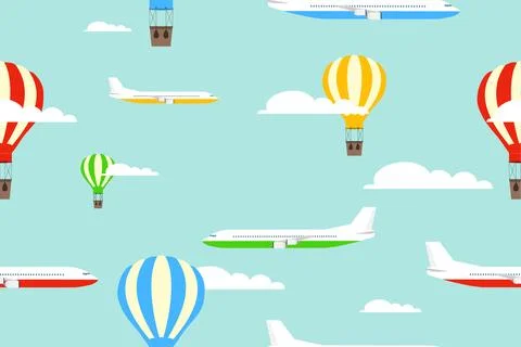 Seamless pattern with airplanes and hot air balloons in cloudy sky flat Stock Illustration