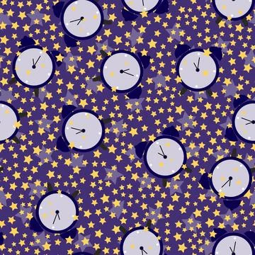 Seamless pattern of alarm clock and stars on a dark background. vector illust Stock Illustration