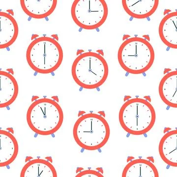 Seamless pattern of alarm clocks. Vector illustration in a flat style, isolated Stock Illustration