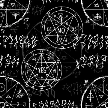 Seamless pattern with alchemy secret signs and magic seals on black Stock Illustration