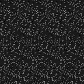 Seamless pattern with alcohol bottles on chalkboard. Sketch linear silhouette 스톡 일러스트