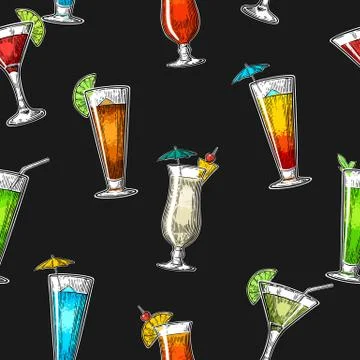 Seamless pattern alcohol cocktail set. Vintage vector engraving illustration for Illustration