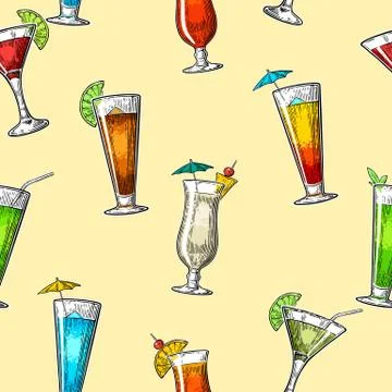 Seamless pattern alcohol cocktail set. Stock Illustration
