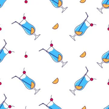Seamless pattern with Alcoholic cocktail - blue lagoon. Vector illustration Stock Illustration