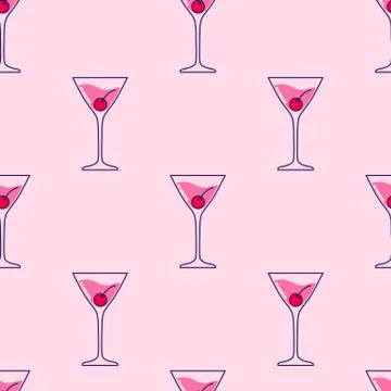 Seamless pattern with Alcoholic cocktail with cherry. Vector illustration Stock Illustration