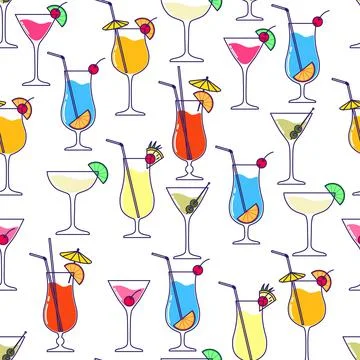 Seamless pattern with alcoholic cocktail collection on white background Illustrazione stock
