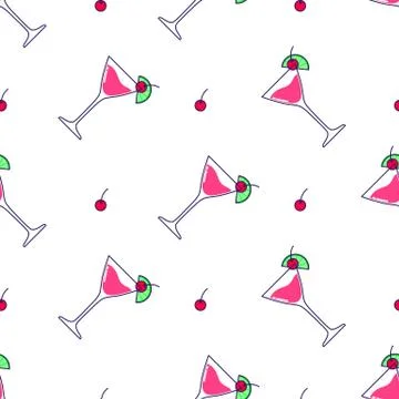 Seamless pattern with Alcoholic cocktail - cosmopolitan with lime and cherry. イラスト素材