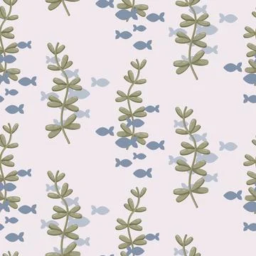Seamless Pattern with Algae and Blue Fish Stock Illustration