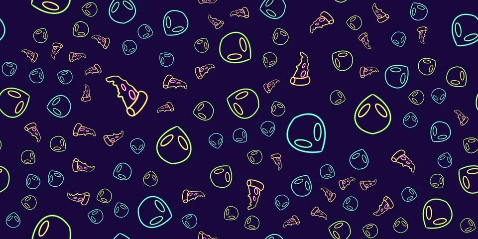 Seamless pattern alien and pizza glowing desktop icon, neon alien and pizza Illustrazione stock