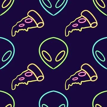Seamless pattern alien and pizza glowing desktop icon, neon alien and pizza Stockillustratie