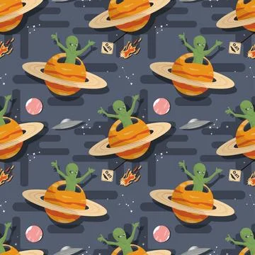 Seamless pattern an alien appears from a planet with rings in outer space f.. Stock Illustration