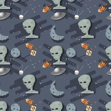 Seamless pattern alien head in outer space among planets flat childrens doodl Stock Illustration