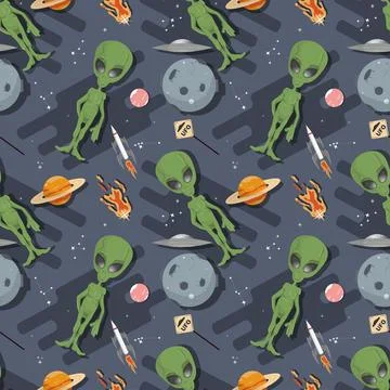 Seamless pattern an alien in outer space among the planets flat childrens d.. Stock Illustration