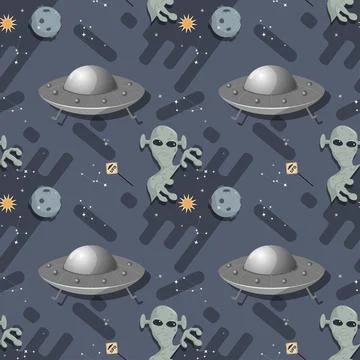 Seamless pattern an alien in outer space around a UFO flat childrens doodle Stock Illustration
