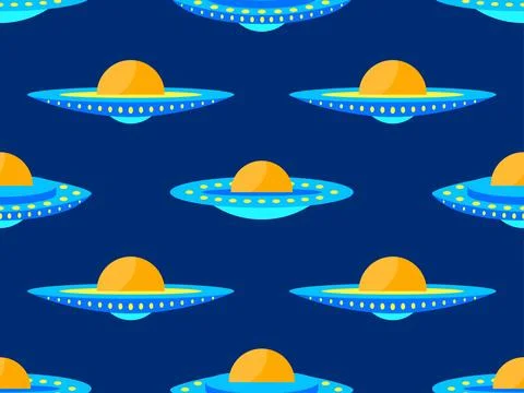 Seamless pattern with alien spaceships. Background with UFO and space flyin.. Illustrazione stock