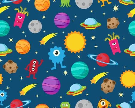 Seamless pattern of alien with ufo and planet in space galaxy background  Stock Illustration
