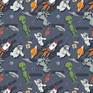 Seamless pattern aliens and astronauts among the stars and planets in outer.. Stock Illustration
