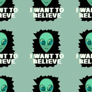 Seamless pattern with Aliens green heads and lettering - I want to believe. S Stock Illustration
