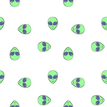 Seamless pattern with Aliens green heads in doodle flat style. Humanoids, vis イラスト素材